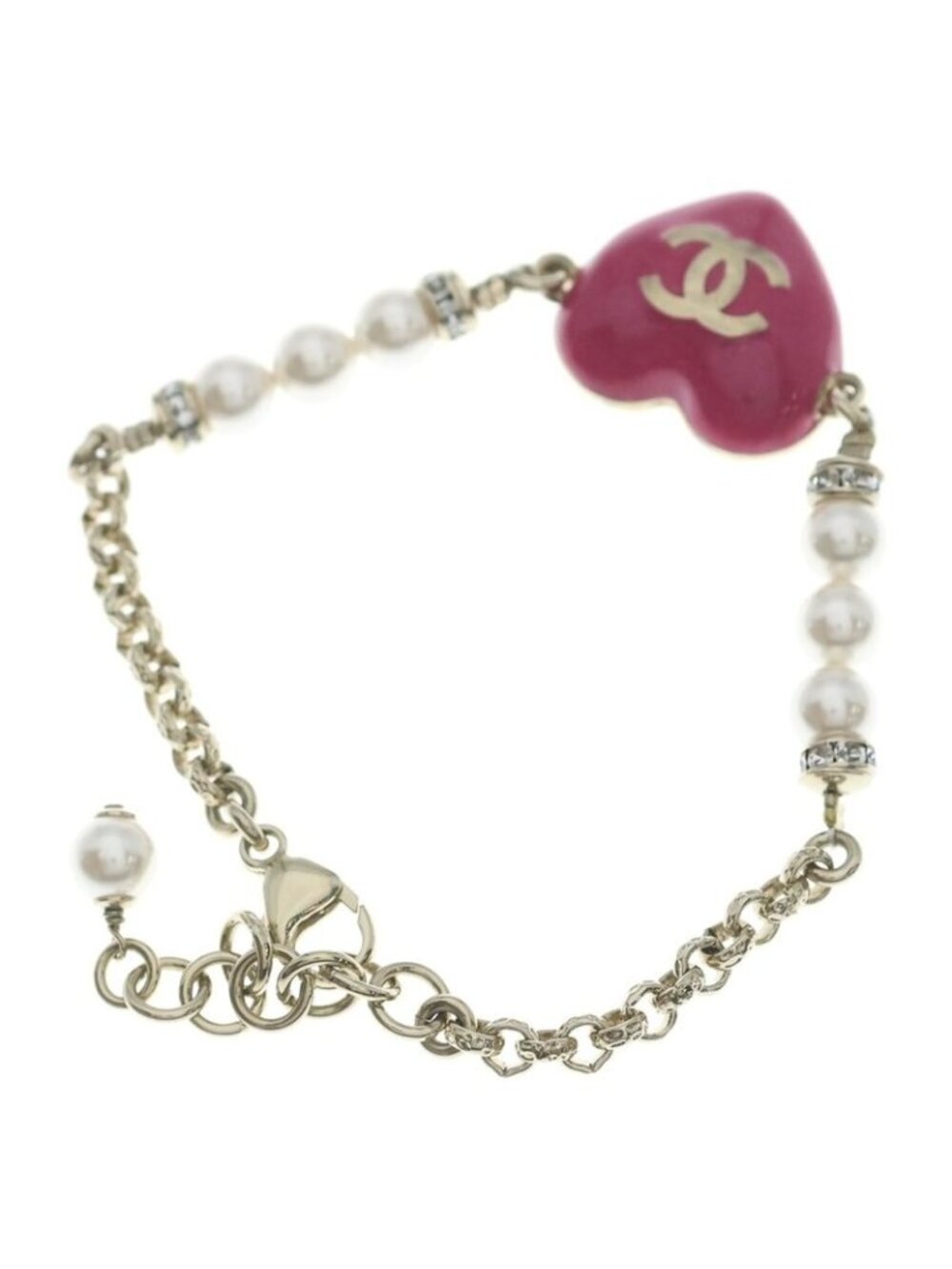 Chanel CC Logo Line Stone Costume Pearl Gold Pink Bracelet - Picture 2 of 6